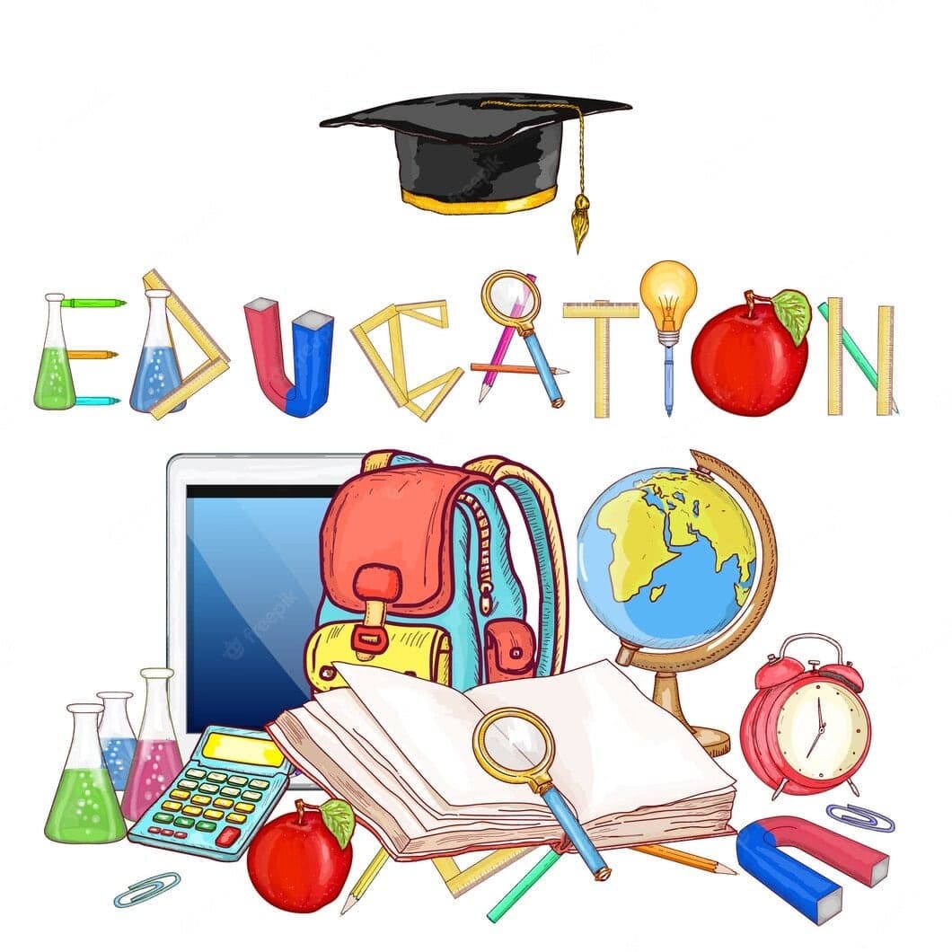 An illustration spelling out EDUCATION with school supplies